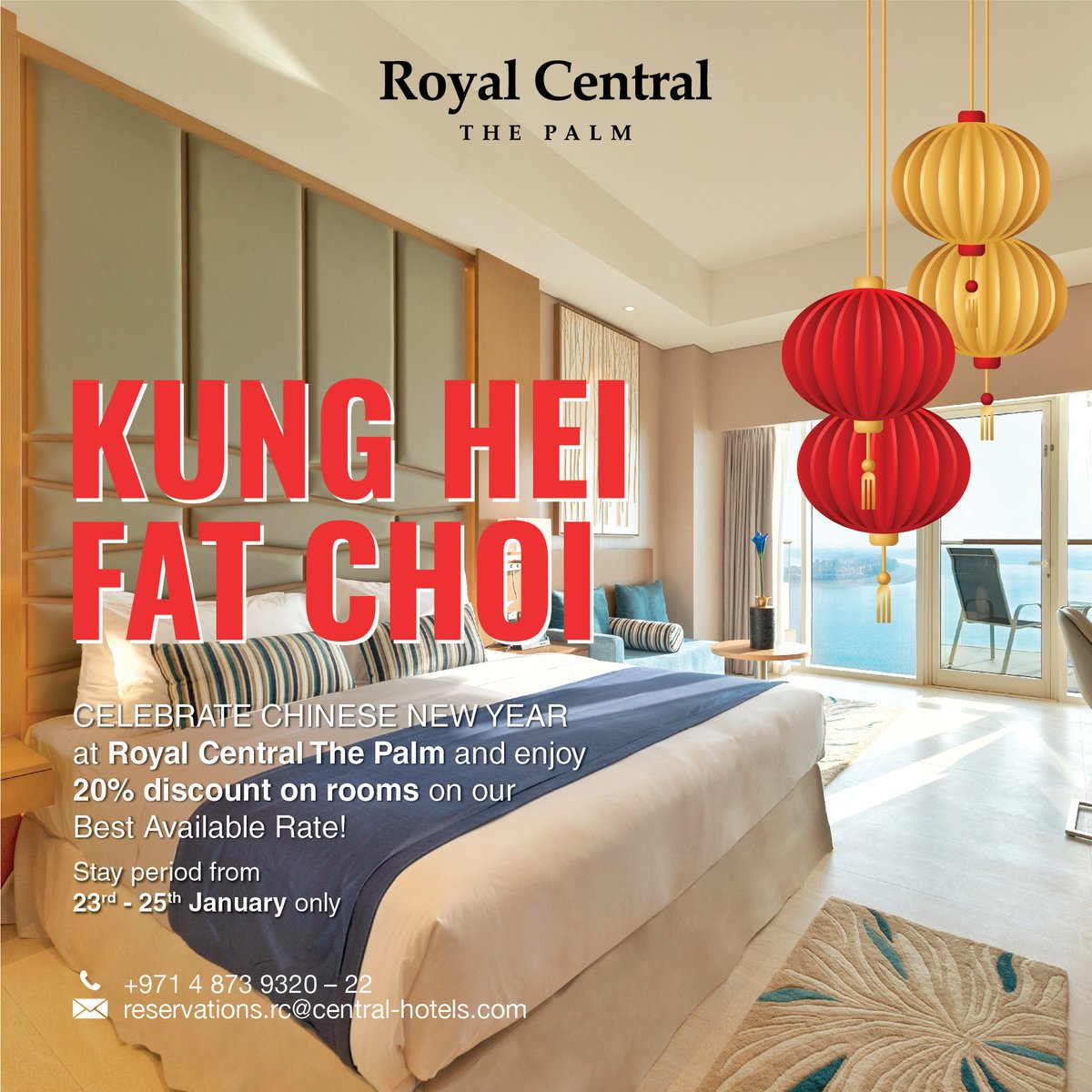RoyalCentralAE's tweet photo. There are few rooms left! In celebration of Chinese New Year, bring the whole family at Royal Central Hotel The Palm and enjoy  20% discount in Rooms on Best Available Rate. 
Stay period is from 23rd to 25th January only.
What are you waiting for? Call us now +971 4 873 9320 – 22 https://t.co/dW8Zoqwv7v