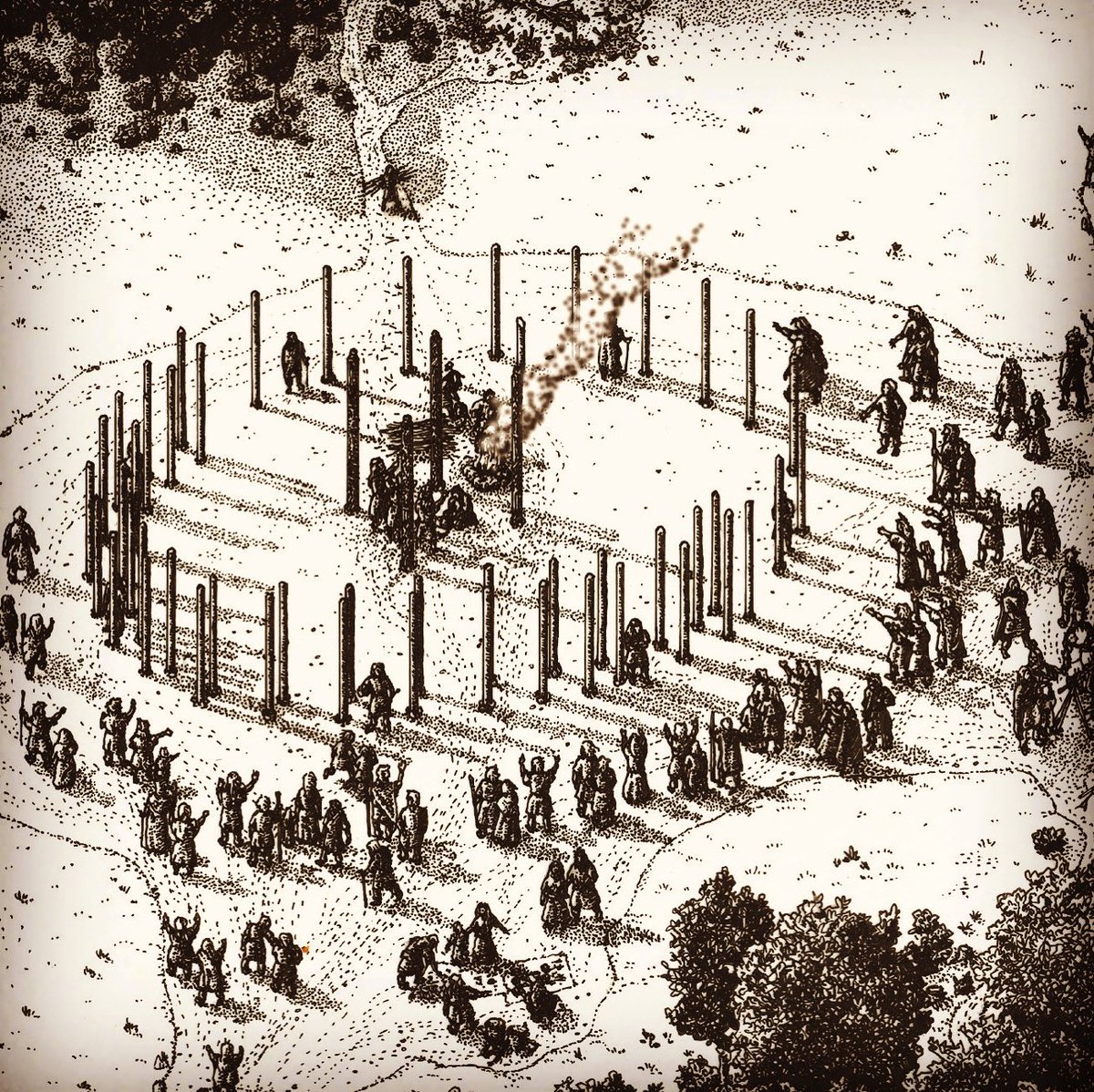 IACArchaeology's tweet photo. Artist impression of #Neolithic ceremonial site at Kilmainham 3, Co. #Meath. Timber circle associated with burnt bone and Grooved Ware pottery. Illustrated by Dan Tietzsch-Tyler #excavation #timbercircle #prehistoric #reconstruction #pilgrimage https://t.co/8udjYXDBrG