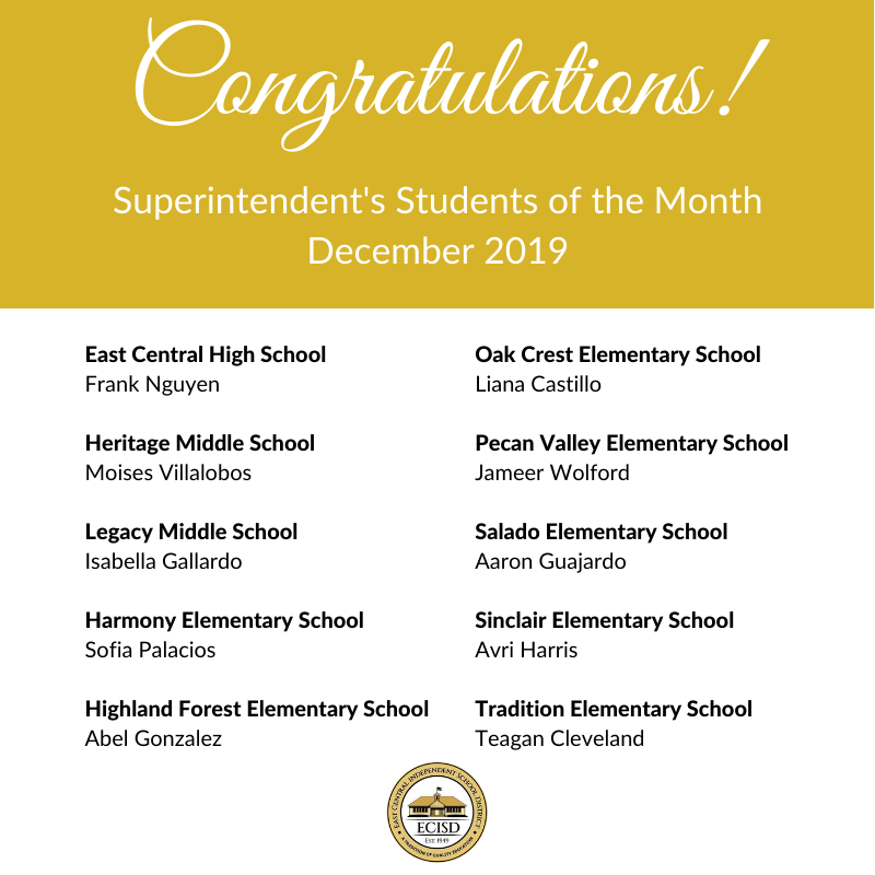 ECISDtweets's tweet photo. Congratulations to all of the Superintendent's Students of the Month for December 2019!

Your hard work and success make us all very #ECProud! https://t.co/kMCfykY22u