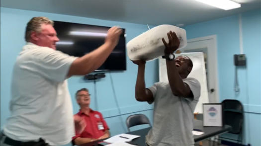 VISARBVI767's tweet photo. Welcome to the VISAR family, Alcise! Inside that huge block of ice and inside a PVC pipe, Alcise found his new Crew shirt.  Only took him 10 mins to get crack it open!  #crewtraditions #frozencrewshirt https://t.co/6t049SeOLP
