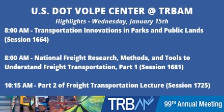 VolpeUSDOT's tweet photo. Interested in #transportation innovations in #parks and #publiclands or the latest #freight research methods? Check out these @USDOT #VolpeCenter morning sessions at #TRBAM. View TRB’s interactive program for more: https://t.co/YlruVi0Pbn #TRB100 https://t.co/157zmTYdsU