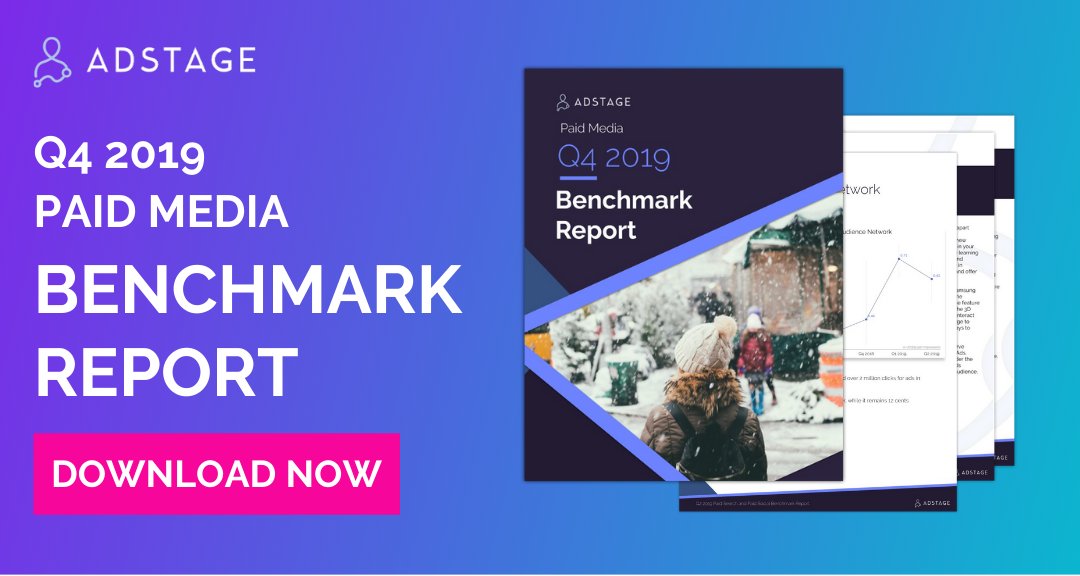IT'S HERE! AdStage's Q4 2019 Paid Media Benchmark Report is now available. Find out where you stack up 🥞 against benchmarks for Google, Facebook, LinkedIn, Microsoft, Twitter, Instagram, YouTube, Quora, and Pinterest! Download it now! #digitalmarketing hubs.ly/H0mzWbQ0