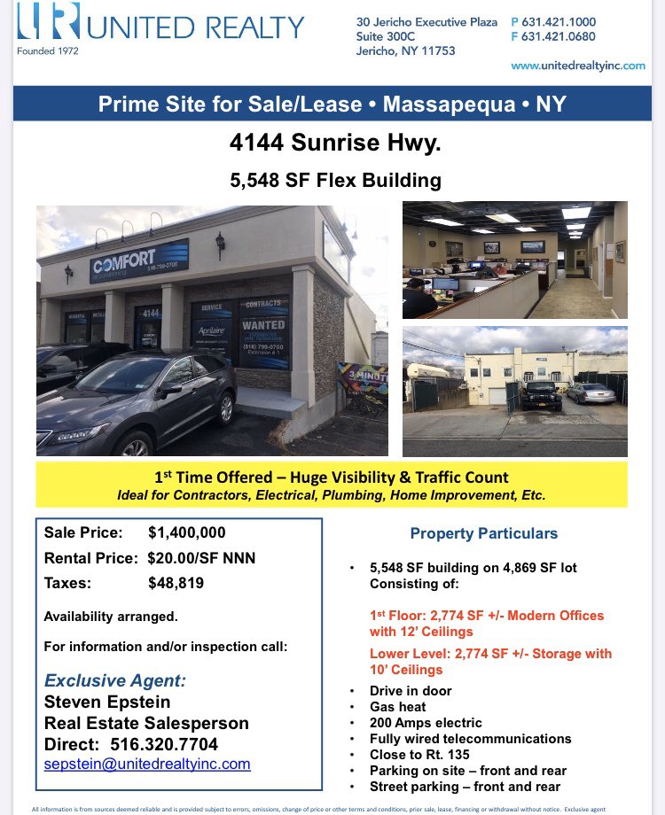 stevenepsrealty's tweet photo. **ATTENTION #CONTRACTORS **
Prime Site For Sale / Lease 1st time offered #Massapequa SunriseHwy Close to Seaford Oyster Bay Expressway #Rt135
5,600 SF includes : 1/2 offices & 1/2 Storage - Mint Condition Huge Traffic Count & Exposure Contact X Agent Steven Epstein 516-524-1353 https://t.co/UXW3rqpXML