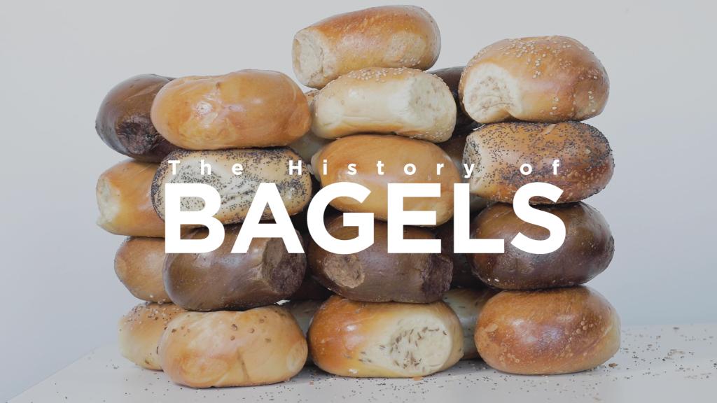 Stack of bagels. Text reads "The History of Bagels"