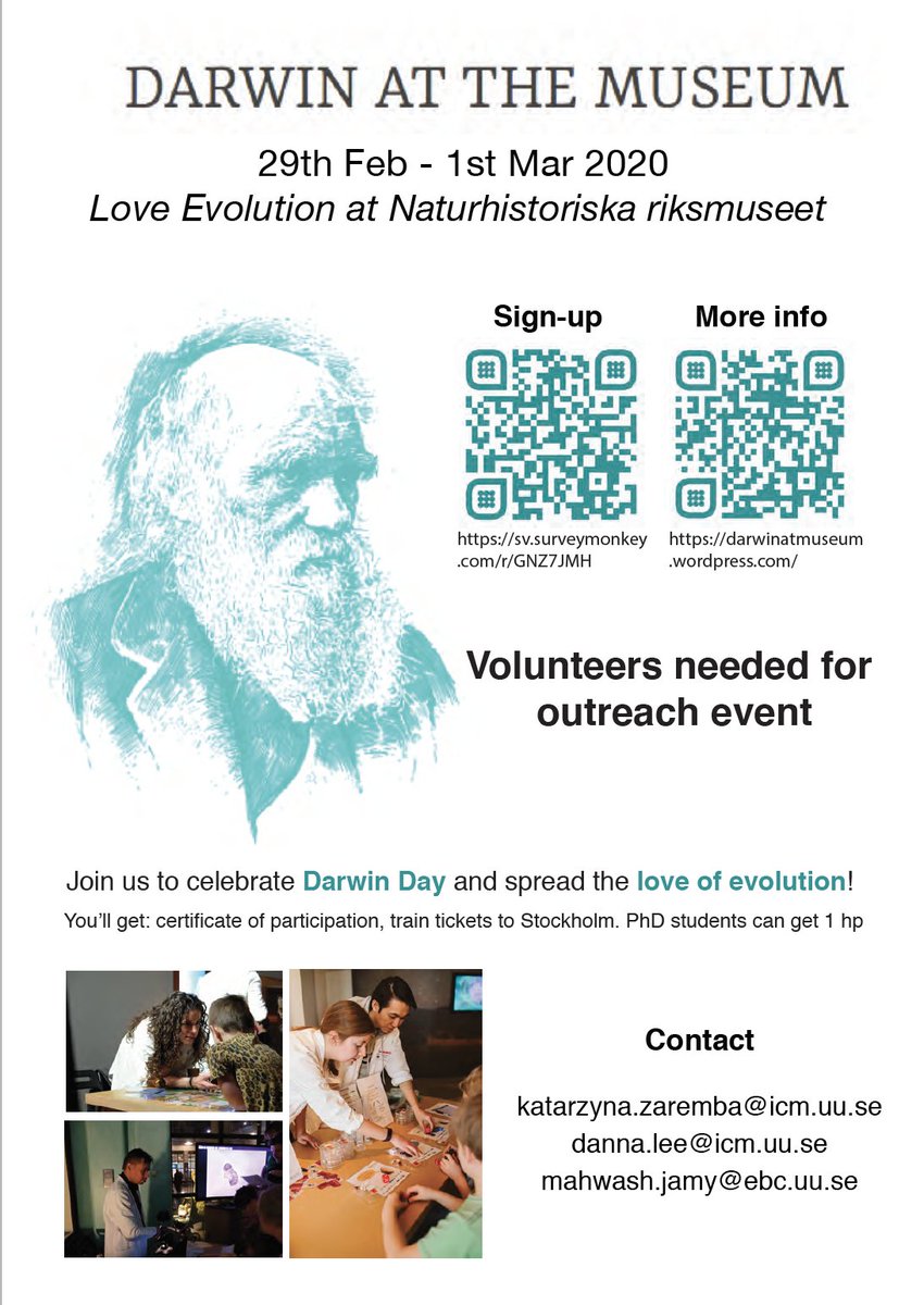 Biologists in Uppsala and Stockholm! We're organizing the third #LoveEvolution #DarwinDay event at <a href="/naturhistoriska/">Naturhist.riksmuseet</a> on 29th Feb - 1st Mar. If you're interested in #outreach, read on and join us! 
1/2