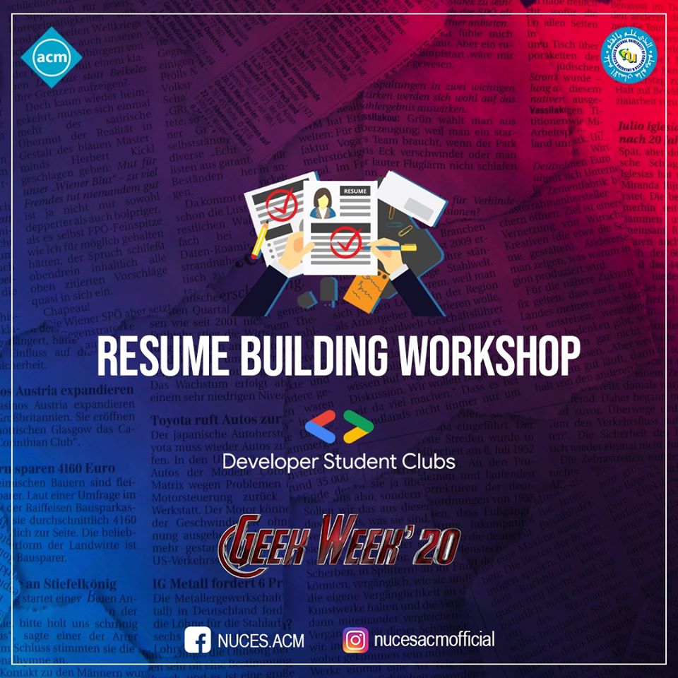 nucesacm's tweet photo. Resumes are the best tool to 'sell yourself' to potential employers.
This workshop by Developer Student Club FAST Lahore aims to help you write the most effective resumes that reflect your achievements and skills. Follow us for more details!
#GeekWeek_20 #GeekWeek #NUCES_ACM #ACM https://t.co/guVqWAwQVP