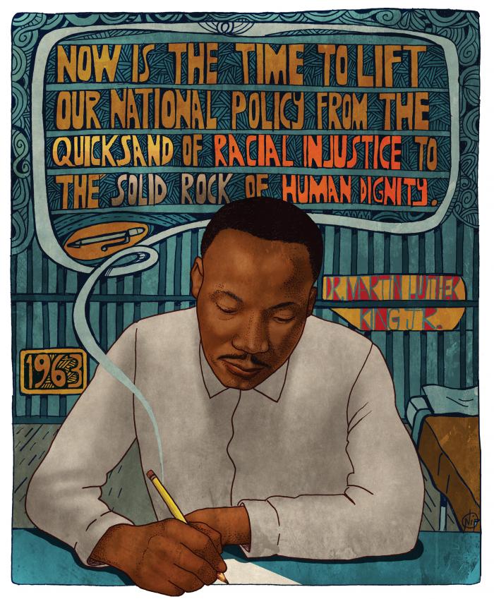 'Now is the time to lift our national policy from the quicksand of racial injustice to the solid rock of human dignity.' On his birthday and every day, this free poster can remind students of Dr. King's vision for a more just world. t-t.site/2CZcnF2