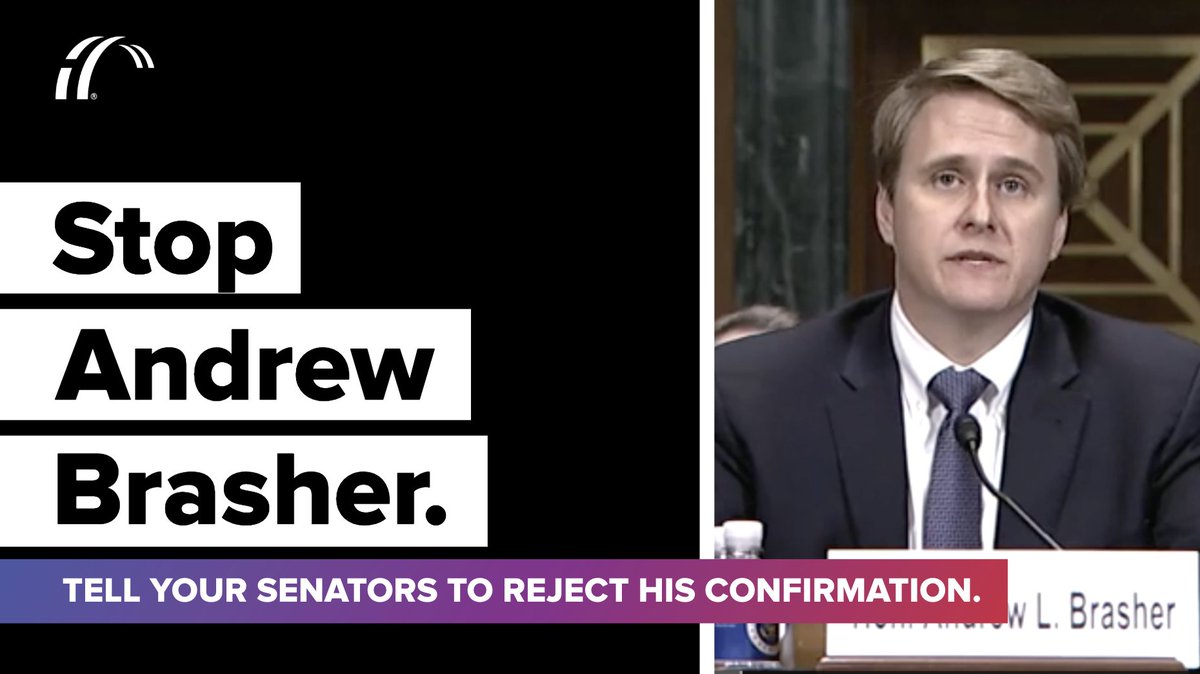 Graphic says "Stop Andrew Brasher. Tell your senators to reject his confirmation." On the right side of the graphic is an image of Andrew Brasher from his Senate Judiciary Committee confirmation hearing.