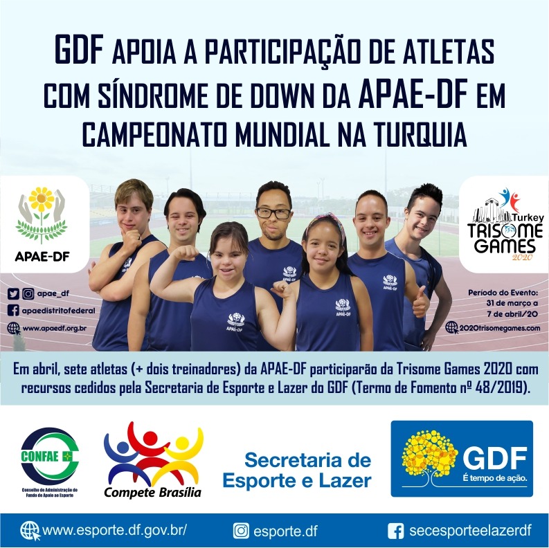 apaedf's tweet photo. O GDF (@Gov_DF), por meio de sua Secretaria de Esporte e Lazer, vai apoiar a participação de nossos atletas com Síndrome de Down no mundial “Trisome Games 2020”, que será realizado em abril, na Turquia.
#apaedfrumoaturquia #mundialdown #trisomegames2020 #brasil #brasilia #apaedf https://t.co/5uy1LS4NQs