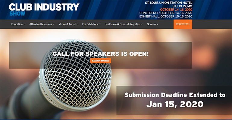 sibec_fitness's tweet photo. Alert: Today is the last day to submit your proposals to speak at the 2020 Club Industry Show (Oct. 14-16 in St. Louis). Get your proposals in before 11:59 pm Central today (Jan. 15). https://t.co/ADaEUjPYb7 https://t.co/yE0C7FhjOf
