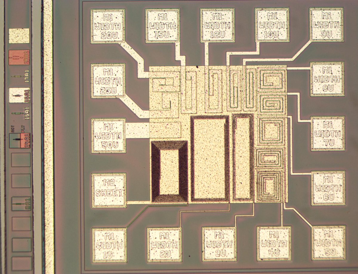 Test circuitry has lines varying from very wide 50 μm line to very narrow spiraled 1μm line.