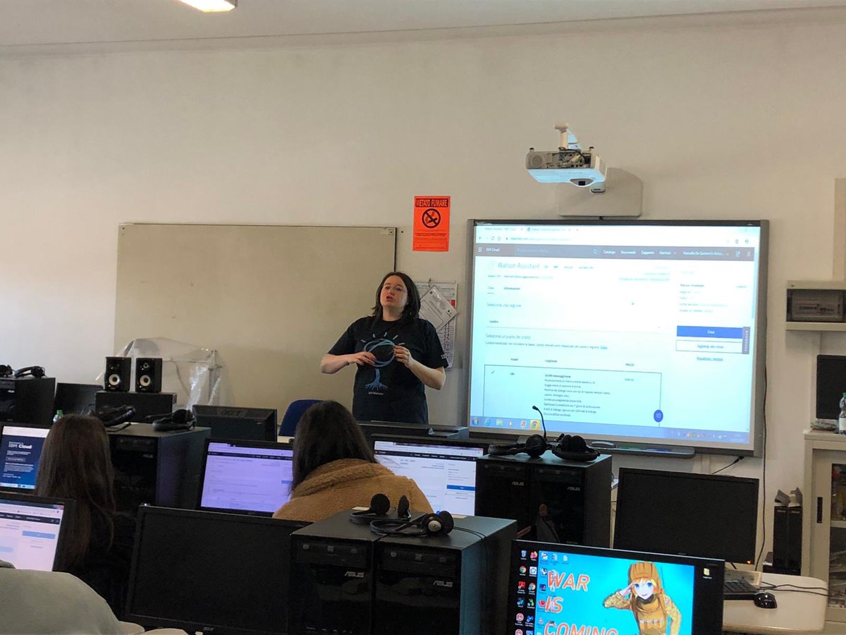 DeGaRoss's tweet photo. Questo anno continua la collaborazione con il liceo Cannizzaro di Roma per Alternanza Scuola Lavoro. Oggi lezione sulle tecnologie cognitive: cosa sono, dove e come si usano, l’impatto sulla nostra quotidianità. Ovviamente esercitazione pratica con Watson Assistant su #ibmcloud https://t.co/KU0S8XmBmp