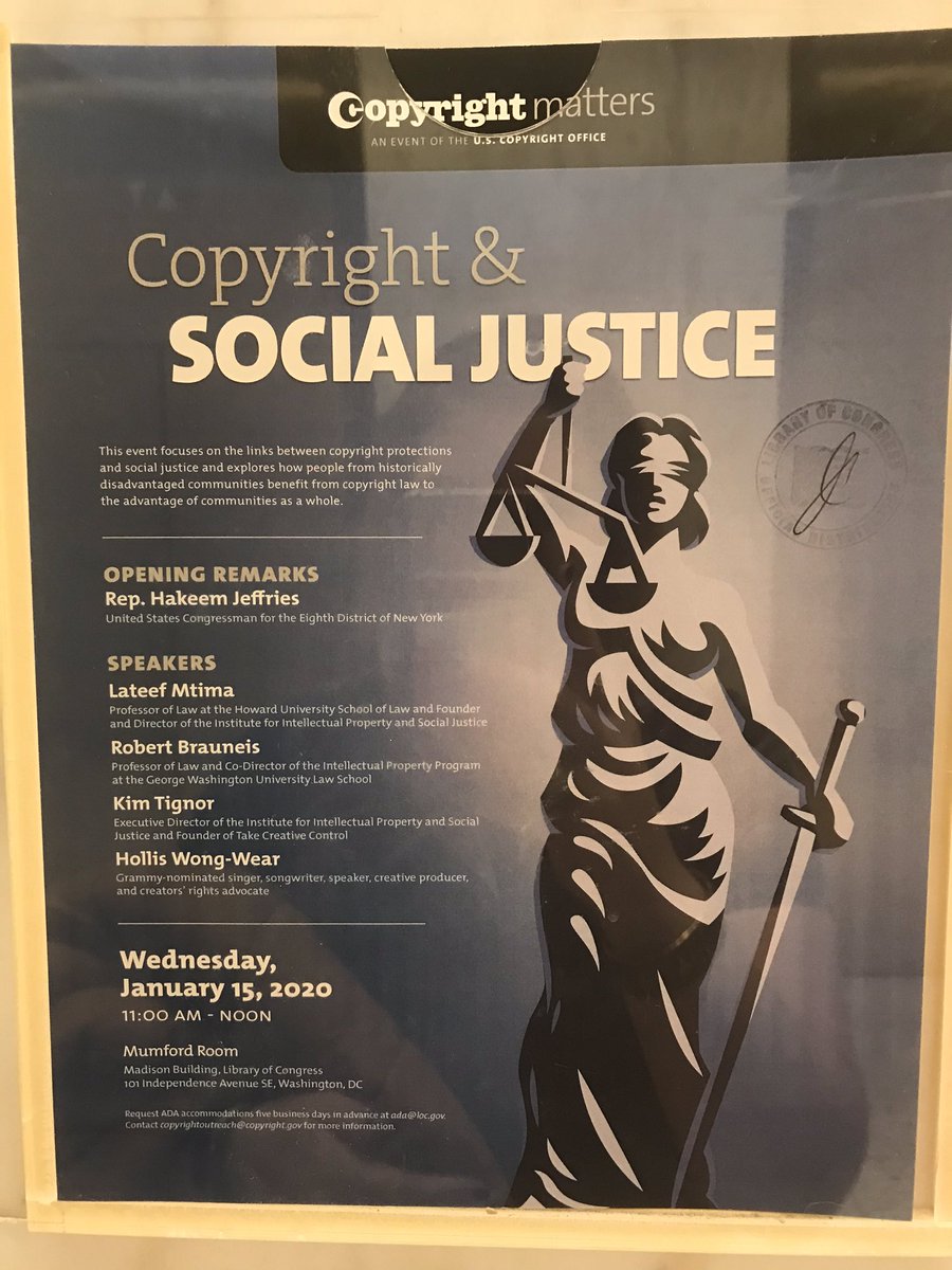 What an INCREDIBLE and inspiring talk on #IP and social justice @IPSocialJustice @creativeC0NTR0L @holliswongwear (with that terrific intro from Catherine Zaller Rowland and @RepJeffries). Thank you @CopyrightOffice for all the food for thought (b/c ideas definitely do matter 👏🏼)