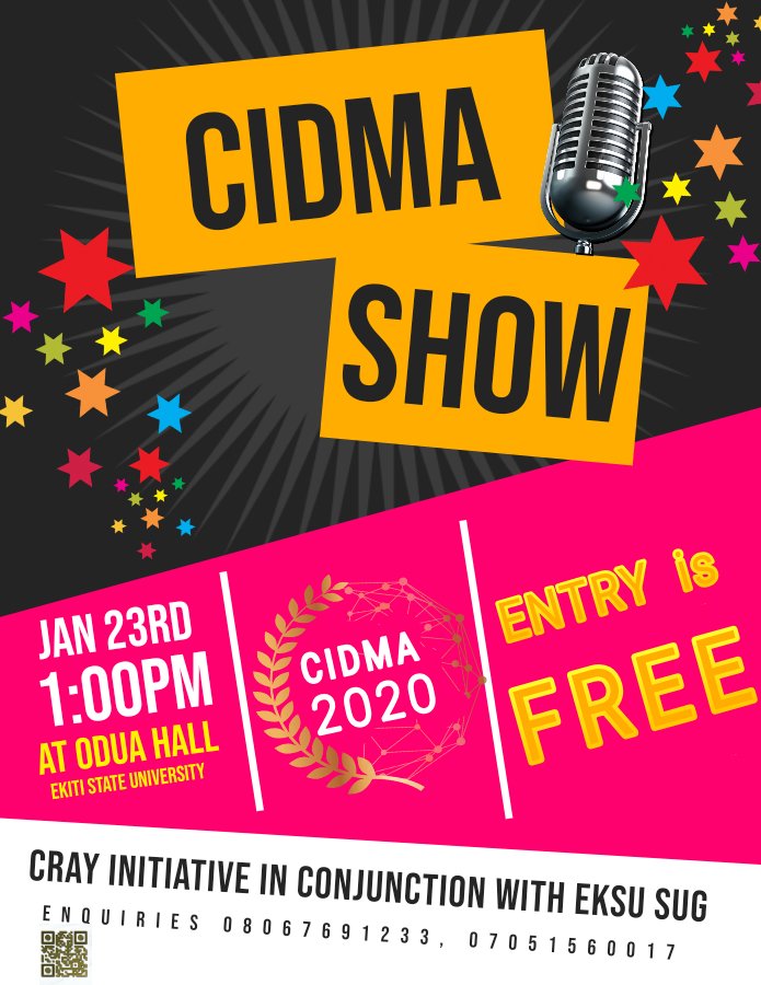 olawaleoyinlade's tweet photo. CIDMA 2020 IS ON THE 23RD OF THIS JANUARY...🕺
CRAY INITIATIVE IN CONJUNCTION WITH EKSU SUG
PRESENTS
#CIDMA 2020
_Where will you be this Thursday 23rd???_
Come light up your mood and cruise fún 🍷
Let's celebrate and laugh out loud during this CIDMA SHOW https://t.co/SGtiDEhRFV