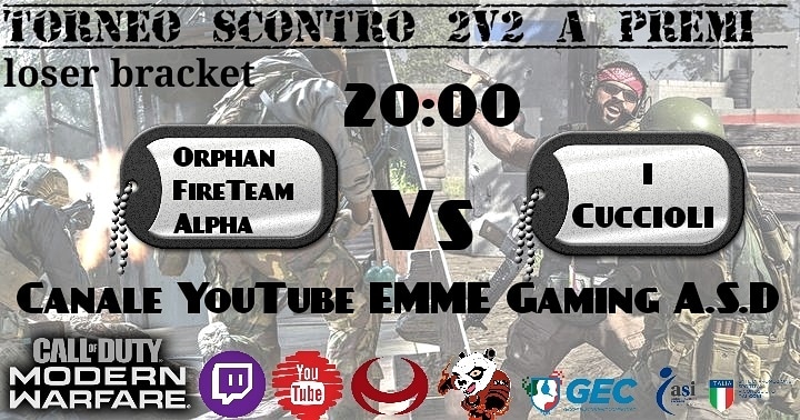 EMME_GAMING_'s tweet photo. Continua il torneo di #CodModernWarfare multipiattaforma modalità scontro 2v2 
Alle ore 20
Orphan Esports #FireTeamAlpha vs #iCuccioli
#Live su #youtube https://t.co/Uc8OtDVi17 canale EMME Gaming A.S.D.
#link #Bracket https://t.co/MZz66WV9PU
#goEMME #Esports #Console #Ps4 #Xbox1 https://t.co/8tl8WFq7pt