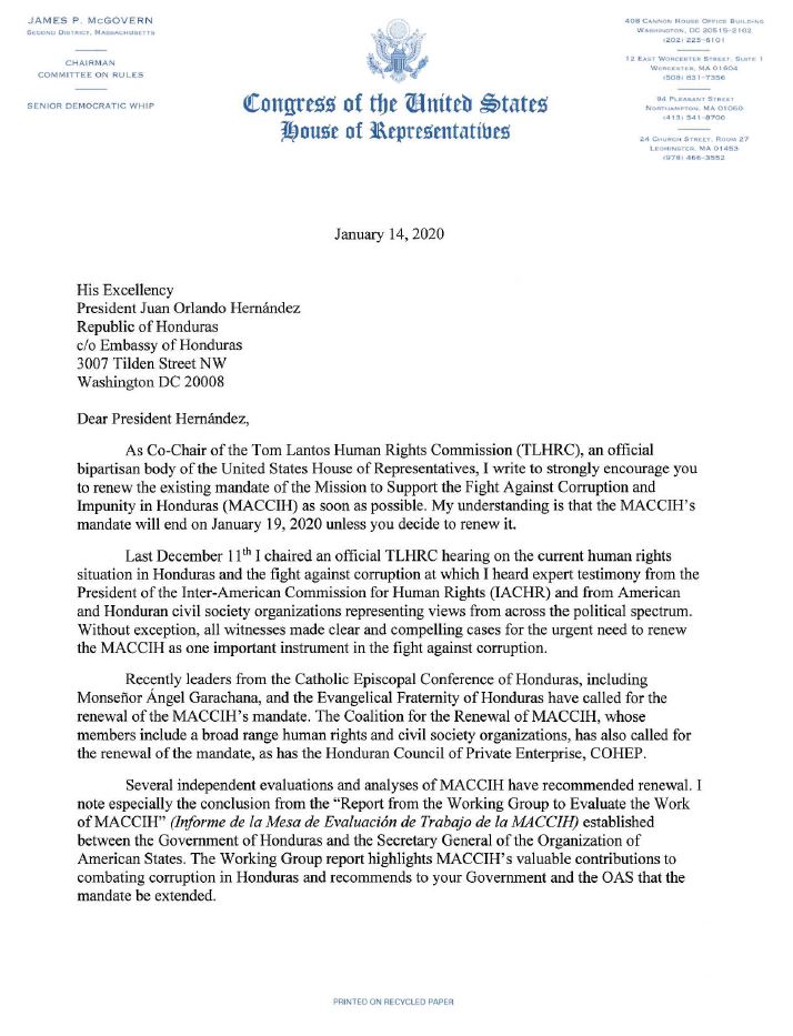 RepMcGovern's tweet photo. Today I wrote to President @JuanOrlandoH to encourage him to renew the mandate for @OEA_MACCIH. It’s the right thing to do to end #corruption in #Honduras. https://t.co/B7ENN10eE1