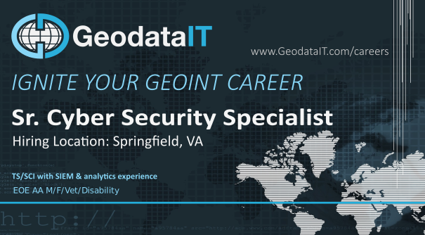 GeodataIT's tweet photo. Sr. Cyber Security support needed in Springfield, VA. Must have TS clearance, as well as SIEM and analytics experience.

#cyber #geoint #nationalsecurity https://t.co/yEzSKjF2dX