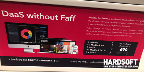 HardSoft_'s tweet photo. Our new tube ad campaign is live and on a tube line near you! Keep your eye out and let us know where you see it - send us a photo and we'll send you one of our goody bags! 
https://t.co/4uEaGIHrYp #devicesforteams #daas #CFO #CTO #opex #tube #adcampaign #photos #goodybag #offer https://t.co/5q6H7WTbuU