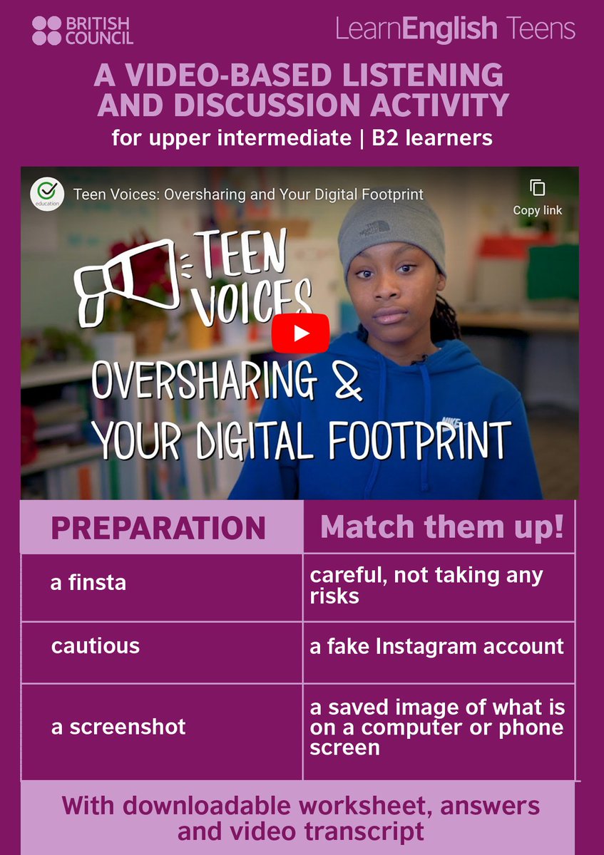TeachingEnglish's tweet photo. 👣 Teenagers talk about what oversharing is – a topical listening and discussion activity for teenage learners 👣
👉 Access the video and download the worksheet, answers and transcript here: https://t.co/Bf4xqyFOjg https://t.co/76CbXW4tsq