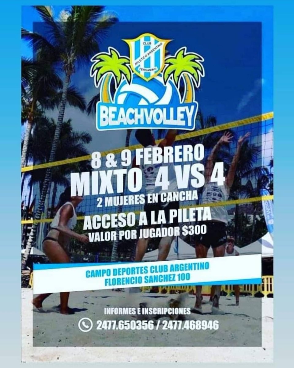 Agendá, se viene otro súper evento en el club..."Torneo de Beach Volley Mixto 4 vs 4", el próximo 8 y de 9 febrero en nuestro Campo de Deportes...Anotate¡! No te lo pierdas¡!
