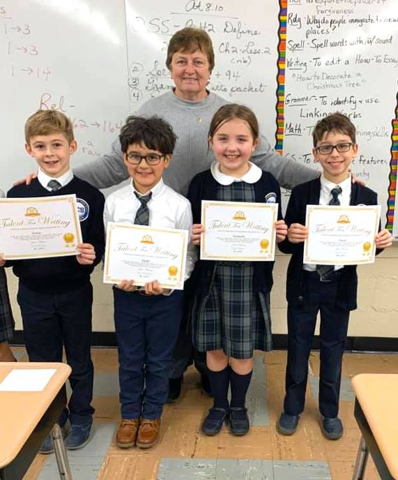 SCSschoolnj's tweet photo. Congratulations to five of St. Catherine’s third grade students - Gianna, Ethan, Samantha, David & Nolan who were all selected out of 10,000 entries to win awards for The Young Writer’s ‘Spooky Sagas’ writing competition! #scsnj #cedargrovenj #youngwriters https://t.co/uFSxinYvZR