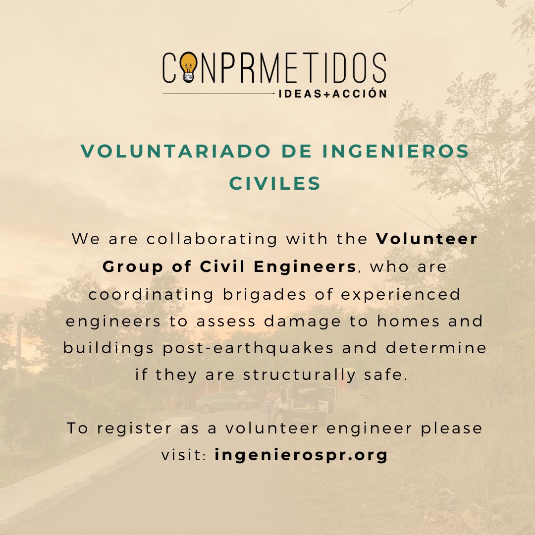 ConPRmetidos's tweet photo. Meet our partners and volunteer opportunities!
To volunteer with the "Voluntariado de Ingenieros Civiles" register at: https://t.co/6fmilfkAnb.
To help #Sociants with data collection email: info@misnecesidades.org🙌🏽
#volunteer #communityimpact #disasterrecovery #committedtopr https://t.co/8G9nOiP4n0