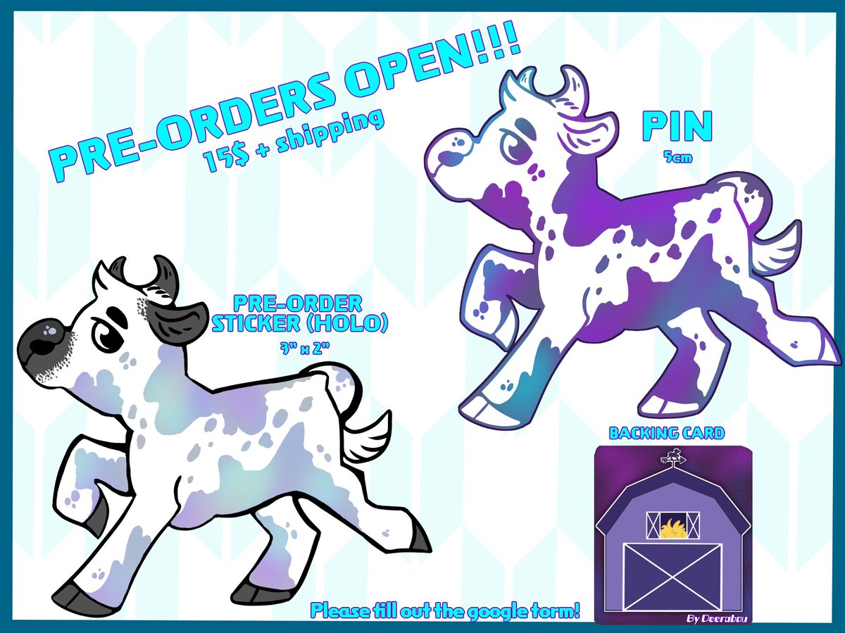 PRE-ORDERS OPEN!!! 🐄🌈 I’m happy to announce my first ever pin! As pre-order bonus, you’ll receive a free holo sticker! These stickers won’t be available outside pre-orders 👀 I need at least 10 orders to fund the project. GOOGLE FORM: forms.gle/WHhXARs9c5xakM…