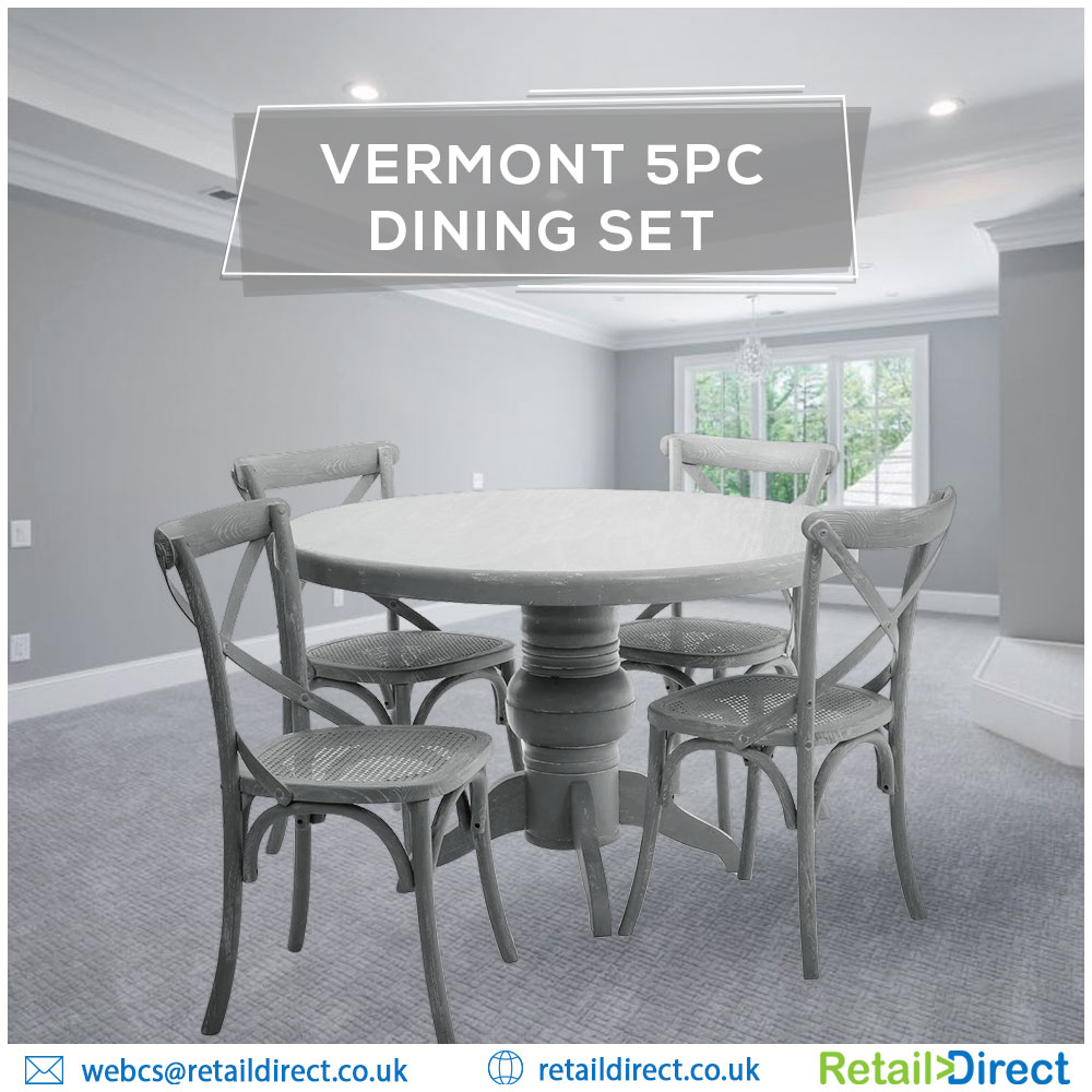 Boasts a sleek style aesthetics in a very sturdy setting! The Vermont #diningset comes with one wooden table &amp; 4 chairs, finished with a grey wash to complement most decors for those who don't wish to compromise on comfort or vogue. bit.ly/2N6qSO5 

#RetailDirect #Home