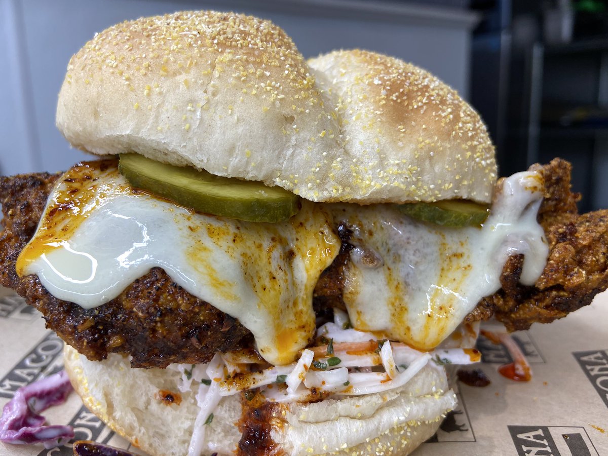 BbqMacona's tweet photo. Don’t worry if you didn’t get a chance to get this bad mutha before we sold out, it’s back!!! Smoked Nashville hot chicken, aged sharp provolone, slaw, honey mustard #macona #maconavibes #whyilovecollingswood #notyourtypicalbbq #nashvillehotchicken #sharpprovolone https://t.co/cY7K9YEtx7
