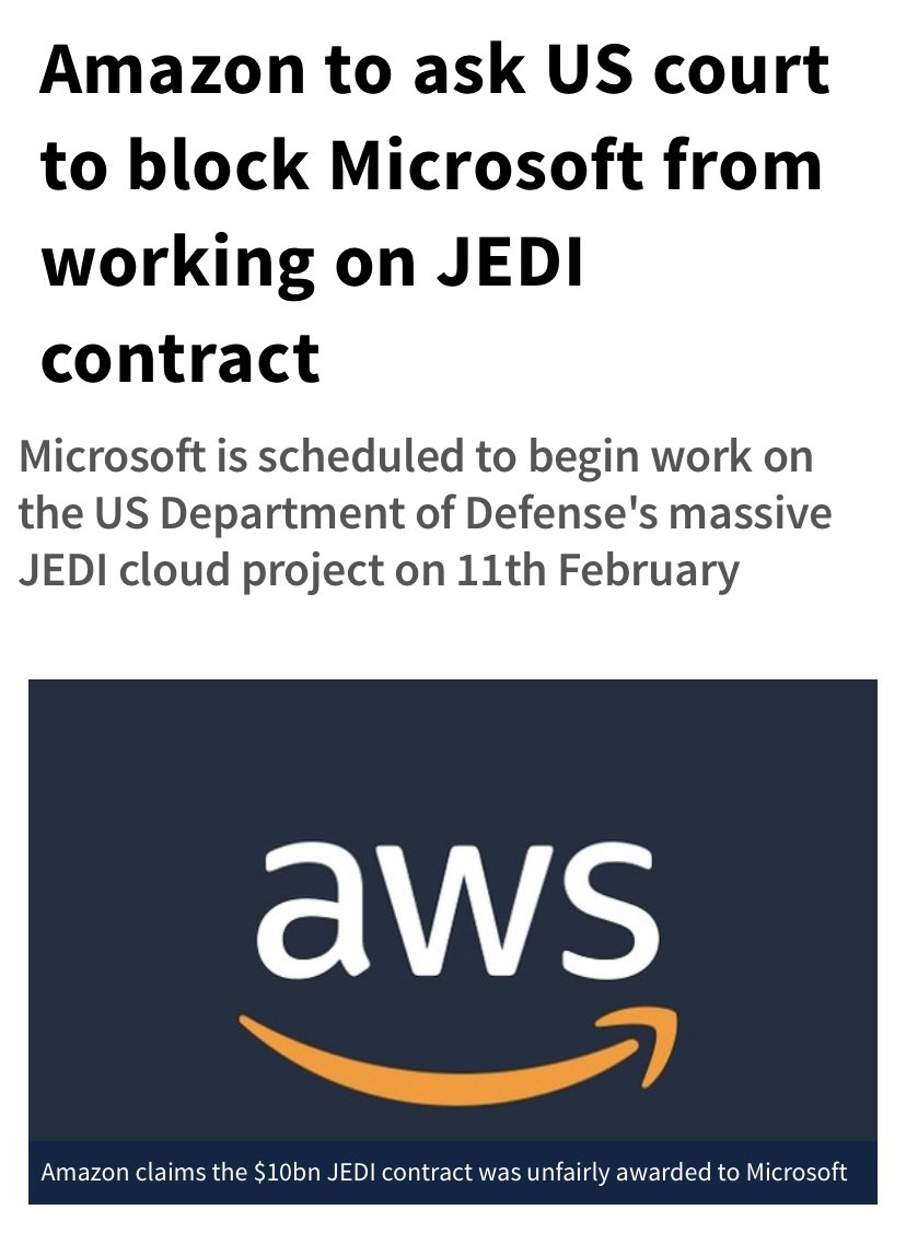 DataSecure2's tweet image. Amazon is to file suit demanding that Microsoft be temporarily blocked from working on the US Department of Defense&apos;s $10B-JEDI project. Amazon plans to file a motion for a temporary restraining order on 24th January, and the court will issue its decision on 11th February.