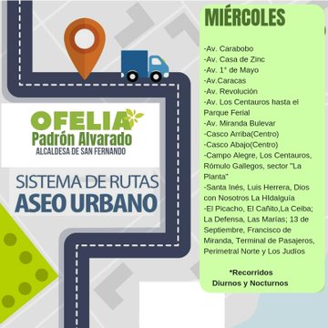 AlcSanFernando's tweet photo. #PuebloHeroicoYVencedor Infórmate sobre el cronograma de Rutas del el Aseo Urbano en la capital apureña que lleva a cabo la Dirección de los Servicios Públicos de la Alcaldía de San Fernando. Días Miércoles. 
#DiaDelMaestro https://t.co/Sz4pA4D0Lh