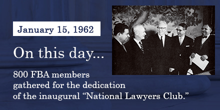 federalbar's tweet photo. On this day in 1962, 800 people gathered to dedicate the National Lawyers Club–an exclusive club at FBA's HQ that included a bar, dining room, outdoor terrace, & private meeting rooms.
Read more about it and this time in FBA history: https://t.co/Iq9FDG5Mp9
#FBA100 https://t.co/dhuKRGS8ei