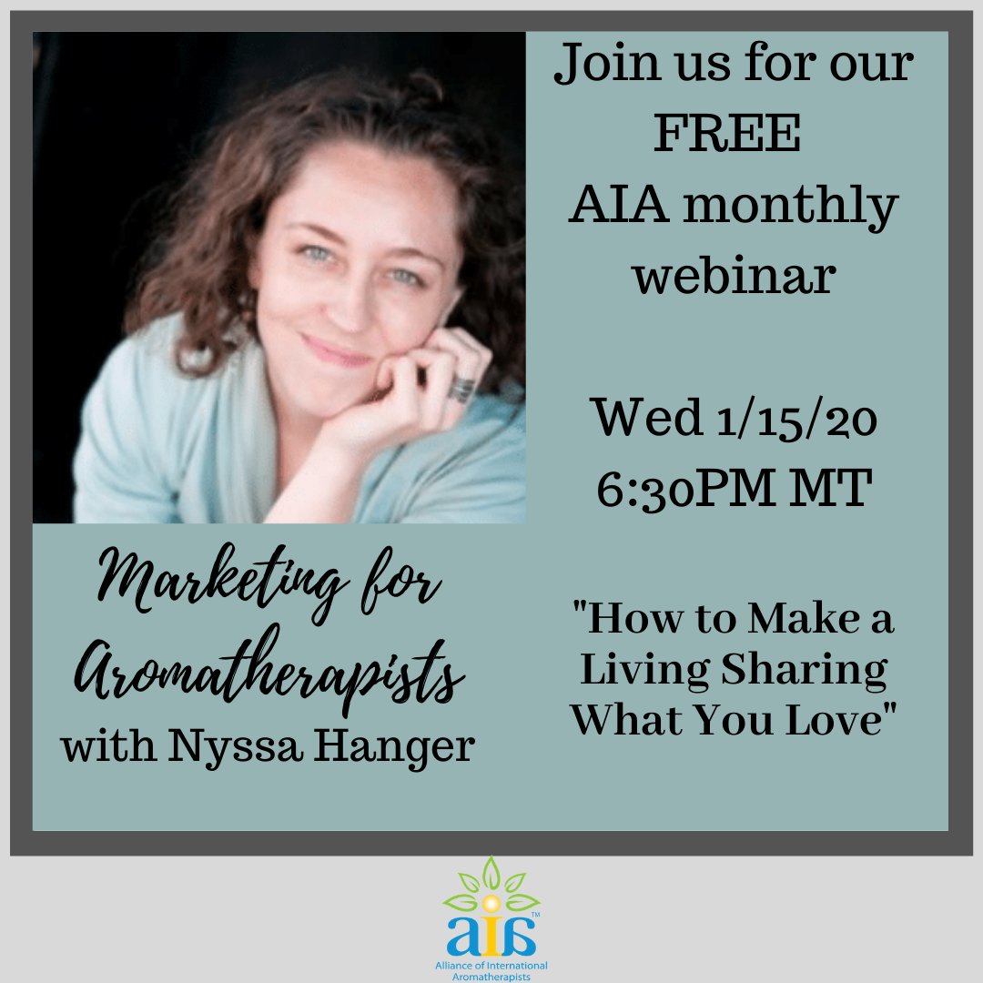 AIAaroma's tweet photo. Tonight's the night! "Marketing for Aromatherapists: How to Make a Living Sharing What You Love" with Nyssa Hanger, January 15, 2020 6:30PM MST.

For more details, check out: https://t.co/M9cYWkLcJl https://t.co/mGh1dJHv6T