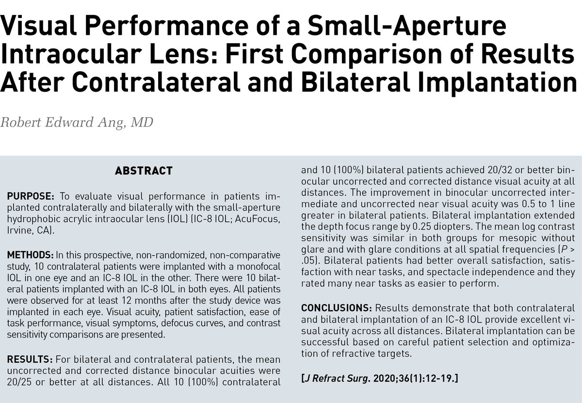 JRSJournal's tweet photo. #OPENACCESS Dr. Robert Ang evaluates visual performance in patients implanted contralaterally and bilaterally with the small-aperture hydrophobic acrylic #AcuFocus #IOL
https://t.co/wTl3humRCg https://t.co/FJyizw72Du