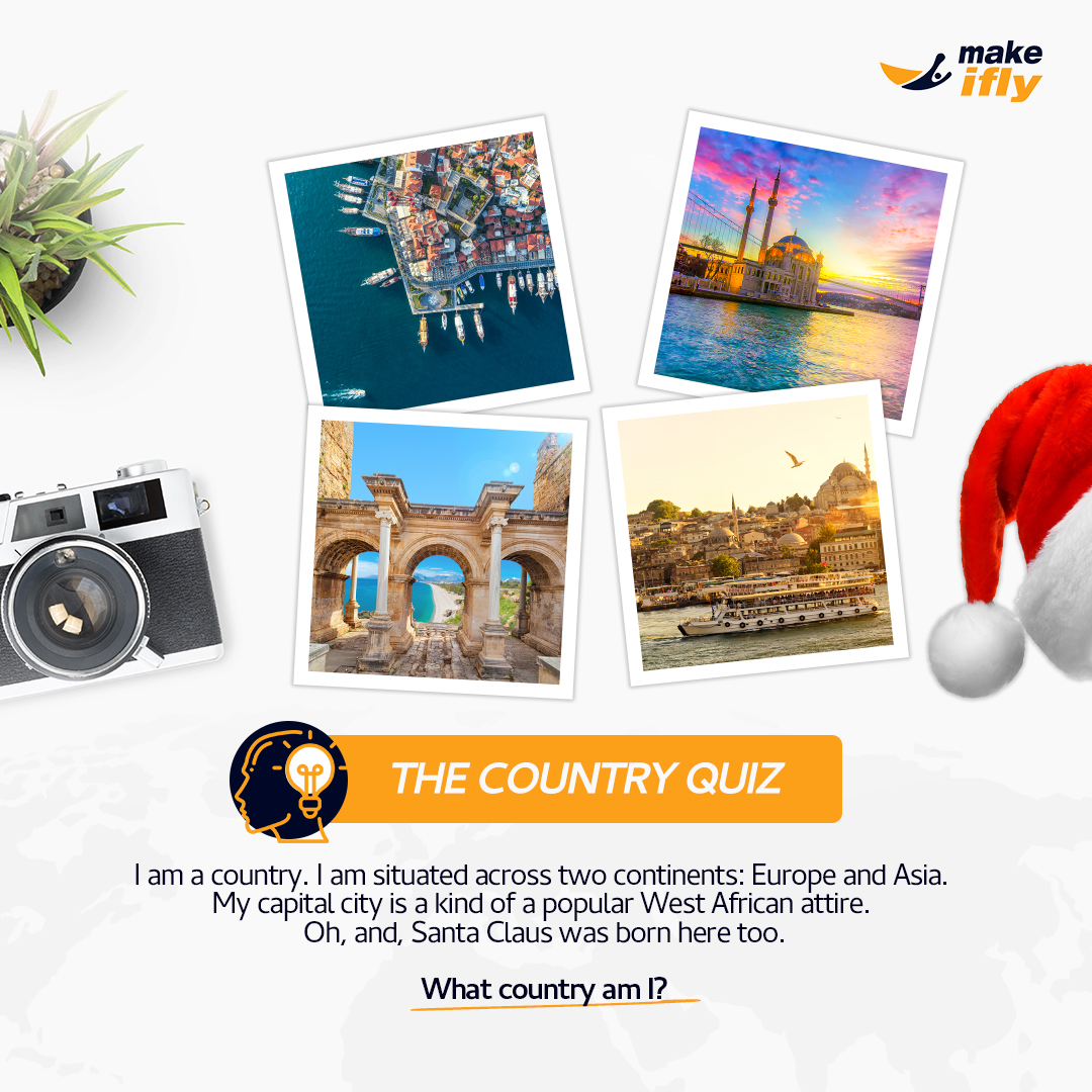 makeifly's tweet photo. I am a country. I am situated across two continents: Europe and Asia. My capital city is a kind of a popular West African attire. Oh, and, Santa Claus was born here too.
What am I?
#Trivia #Quiz #MakeIFly #Country #Travel https://t.co/Fxnxb5PCPs