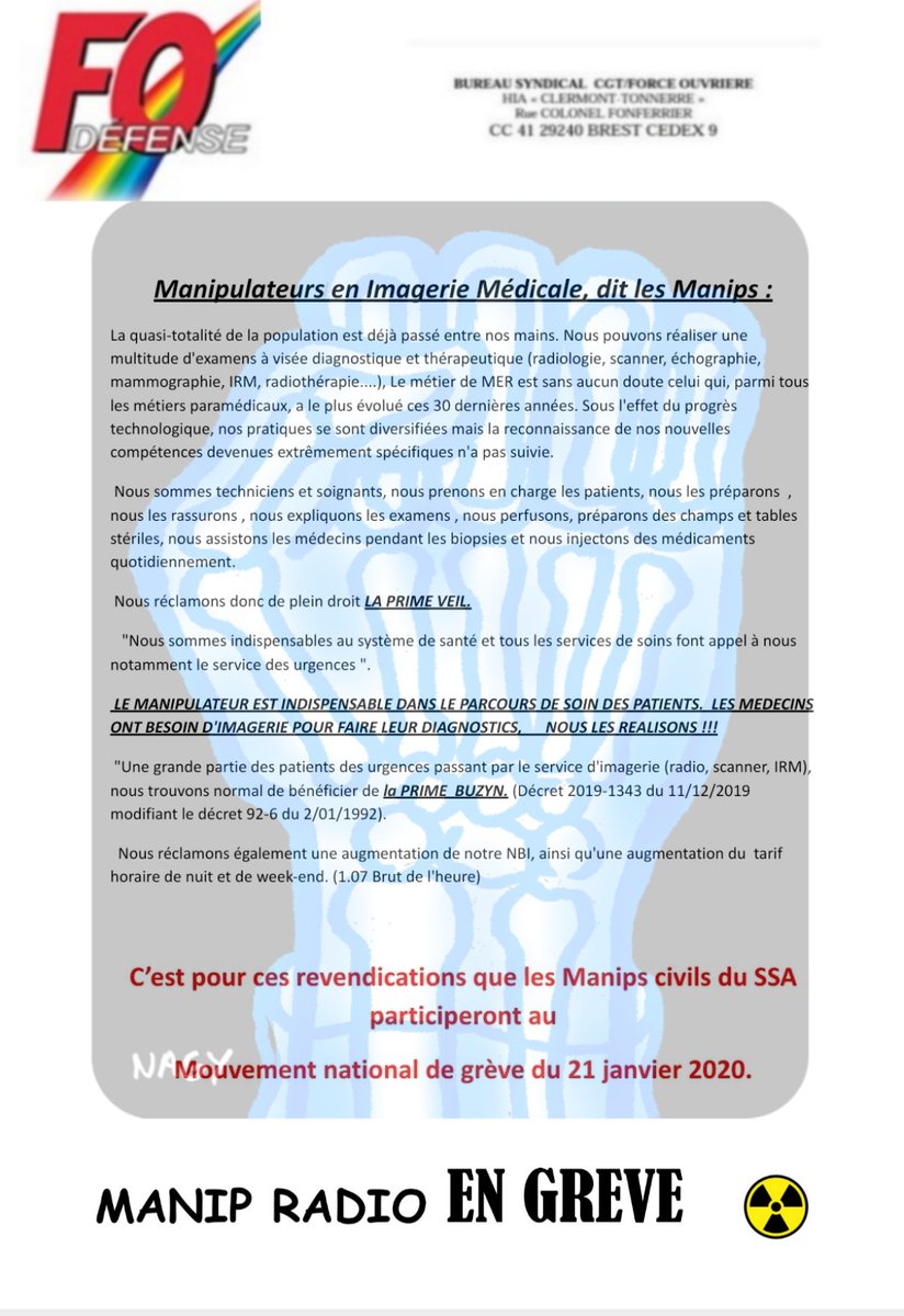 FOHIACT's tweet photo. ℹ🔴🆘️⚕ #TractFOHIACT #MouvementdeGrève des #ManipsRadios #21Janvier2020  #SSA  #HIACT #Bretagne #Finistère #Brest par soutiens et solidarité de leurs camarades du #CHRU de #Brest  #FOSNPTP #FORCEOUVRIÈRE 🔴✊🆘️⚕ https://t.co/k9DIHobIuv
