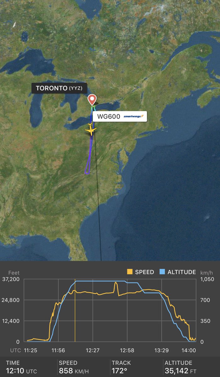 Niagara_411's tweet photo. @TomPodolec WG600 Sunwing Toronto to Cayo Coco turned back to YYZ about half way into the flight. Me Folks on board tell me one of the pilots was very ill. https://t.co/E7fXTXPA4S