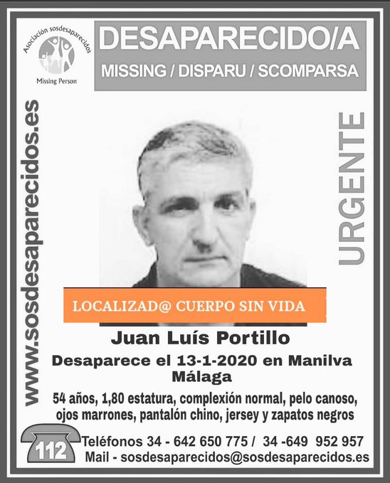 guardiacivil's tweet photo. 📣 Lamentamos comunicar que ha sido localizado el cuerpo sin vida de Juan Luis, que había #desaparecido en Manilva #Málaga
Gracias por vuestra #colaboración en la difusión de la #desaparición.
#ALERTADESACTIVA https://t.co/sfS8fqFgVx