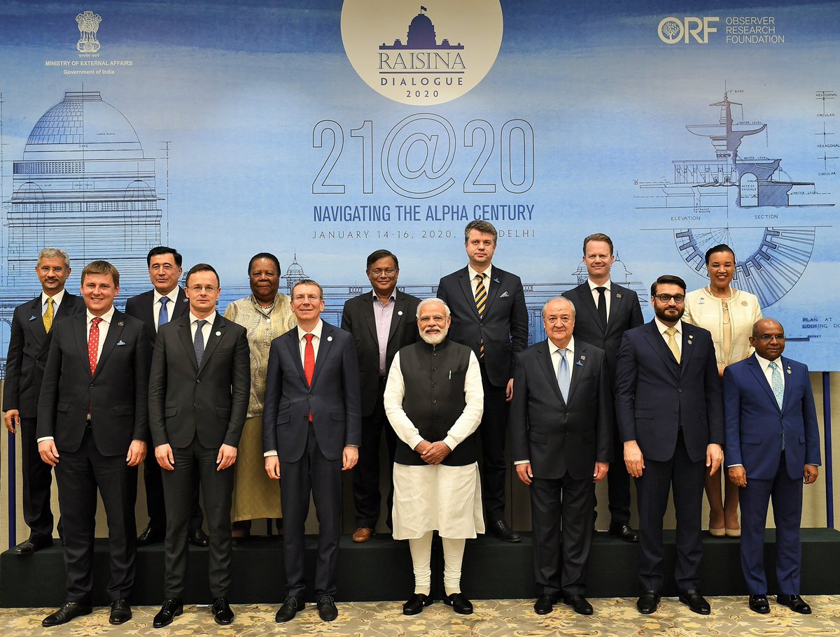 PMOIndia's tweet photo. A ministerial delegation consisting of distinguished ministers from various nations attending the @raisinadialogue met PM @narendramodi. https://t.co/ZC8drOnfys