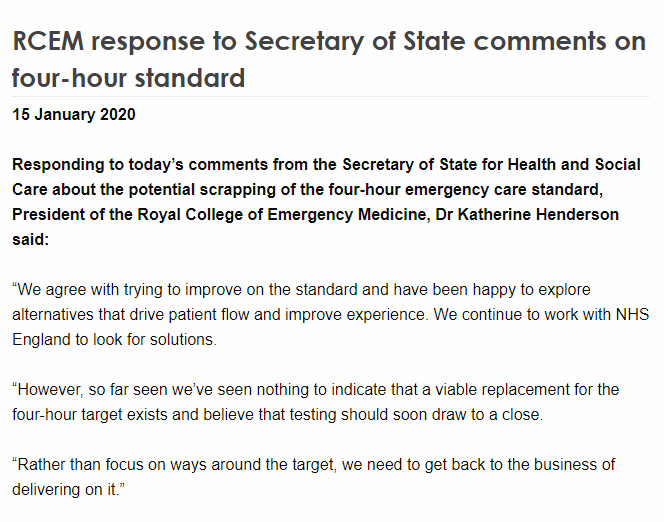 Our statement in response to comments made by <a href="/MattHancock/">Matt Hancock</a> on the four-hour target. <a href="/RCEMpresident/">Ian Higginson</a> <a href="/NHSEngland/">NHS England</a> rcem.ac.uk/RCEM/News/News…