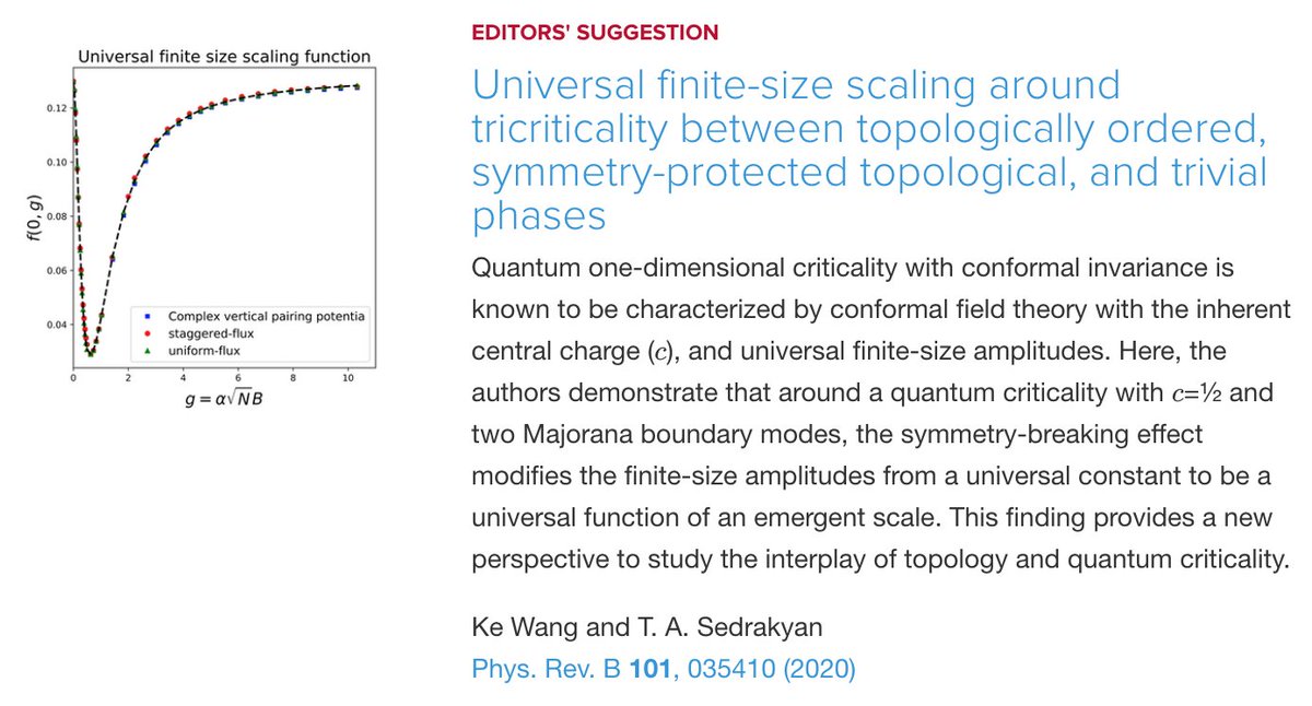 PhysRevB's tweet photo. Universal finite-size scaling around tricriticality between #topologically ordered, symmetry-protected #topological, and trivial phases
#physics #EdSugg #science #condmat @APSPhysics
https://t.co/jy0KE1O6YK https://t.co/UngIt1EVch
