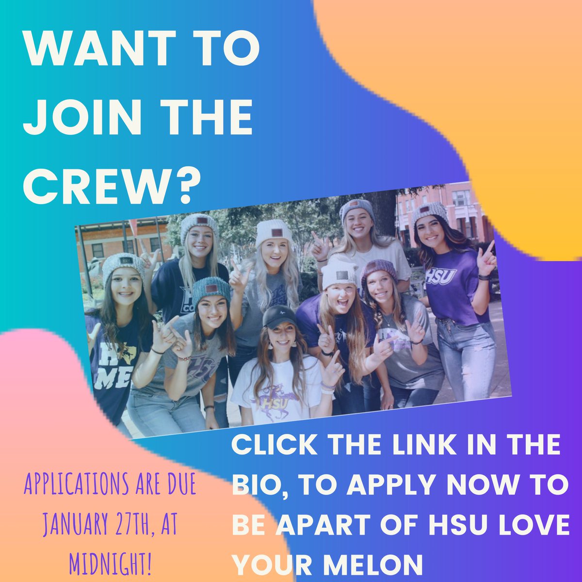 pspack_HSU's tweet photo. Want to be apart of an amazing group that helps others? We are now accepting applications for our crew! Click the link in the bio to apply. Applications are due January 27th, @midnight! ✨ Come join the HSU LYM crew and make memories and friendships, that will last forever! 💕🍉 https://t.co/amPN0iOn3g