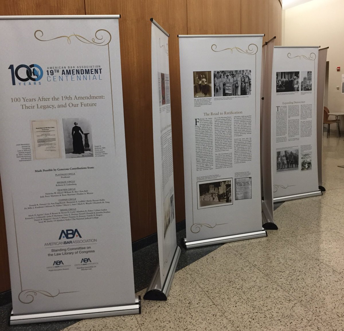 Four of the six banners from the ABA’s 19th Amendment traveling exhibit in Cardozo Law’s lobby