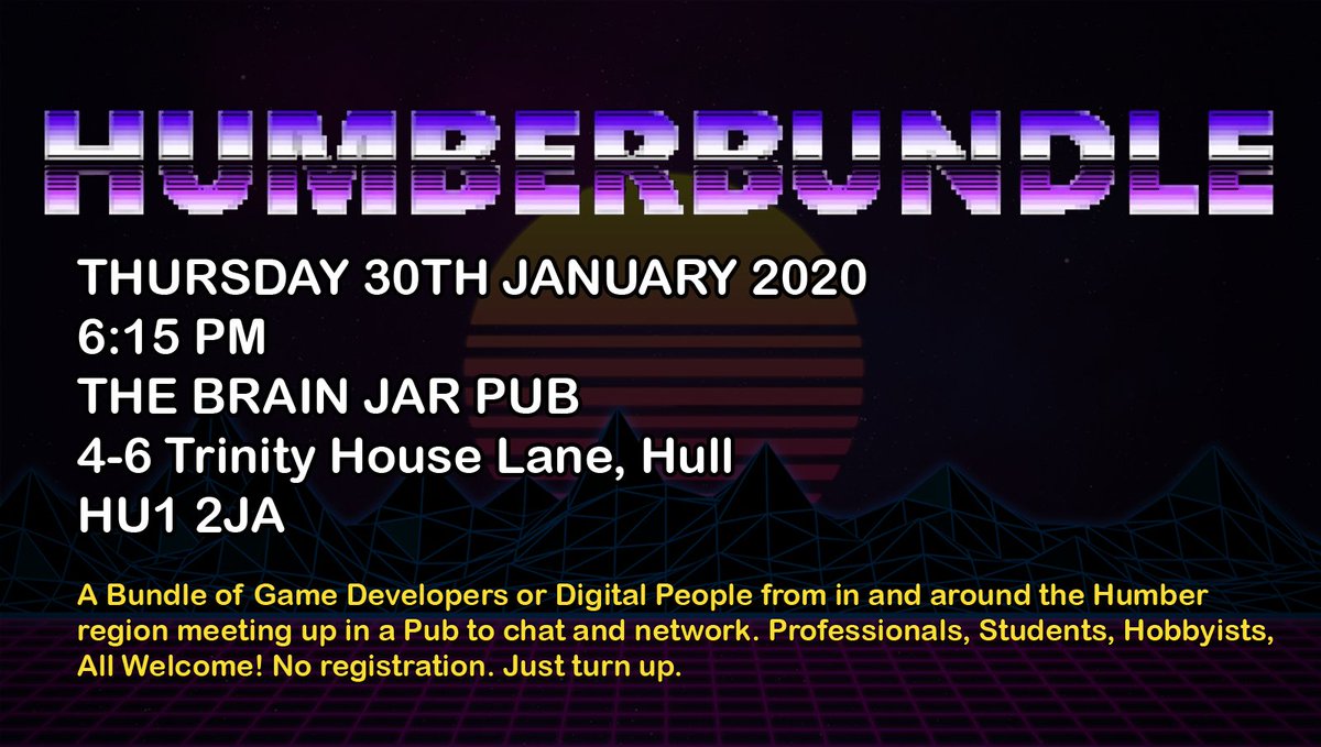 🚨 NEW MEETUP ANNOUNCEMENT 🚨

#HumberBundle will be back on the 30th Jan at The Brain Jar. We want folks who are working/interested in the digital media/game industries to meet up and network. Professional, indie, hobbyist, student, ALL WELCOME! Bring a Friend! #Hull #Humber