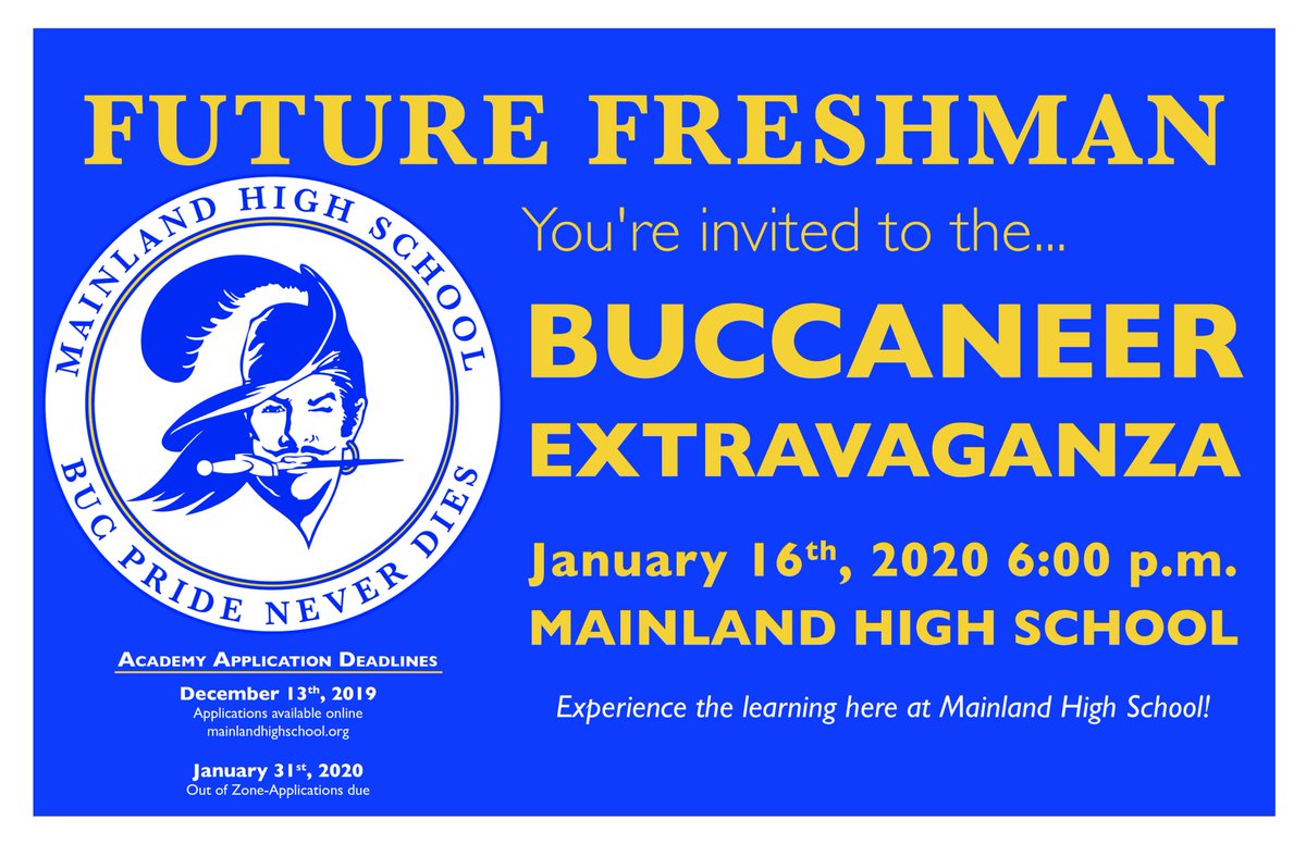 volusiaschools's tweet photo. Upcoming 9th Graders, learn about @Mainlandhigh Academies, Clubs, and Sports tomorrow night, January 16. Talk with students, teachers, and administration while exploring all that Mainland's campus has to offer. https://t.co/DdcJjrXnvb
