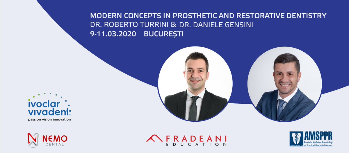 denta4u's tweet photo. Modern Aesthetics In PROSTHETIC &amp; RESTORATIVE Dentistry
sustained by Dr.Roberto TURRINI &amp; Dr.Daniele GENSINI 
in partnership with Ivoclar Vivadent 
Internationally renowned lectures – members of FRADEANI Education Team
9-11/03/2020
3 intensive days of Conference &amp; Hands-ons https://t.co/EEH7sft7n7