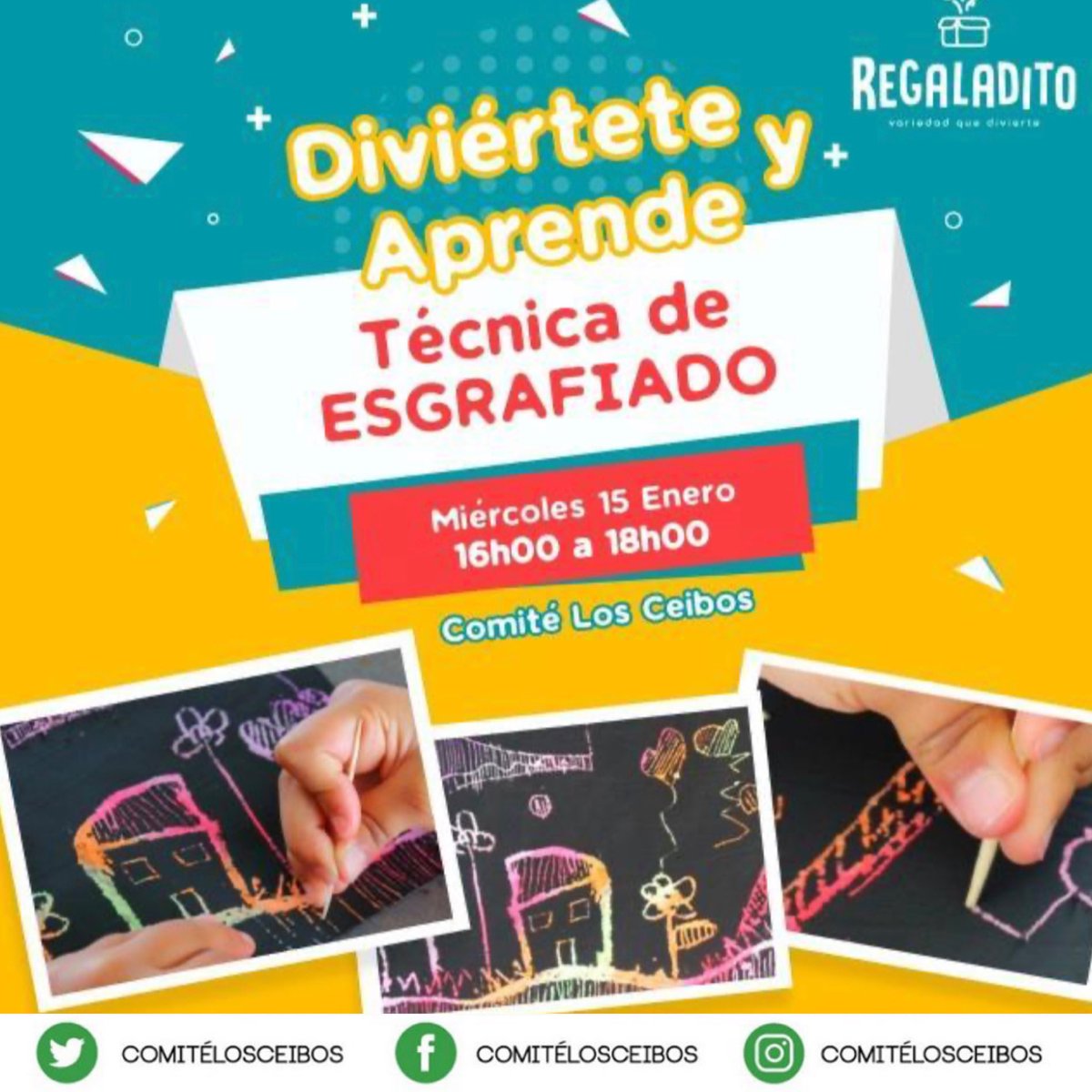 ComiteLosCeibos's tweet photo. HOY en el Comité tenemos una actividad divertida y diferente para los papás y niños de #LosCeibos 🎉🙌🏻

Visítennos y aprende la Técnica de Esgrafiado en el stand #Artesco de Regaladito a partir de las 16h00 hasta las 18h00.🖍🎨 Los esperamos.

#ComiteLosCeibos #Guayaquil #Arte https://t.co/eSHUEDw0nR