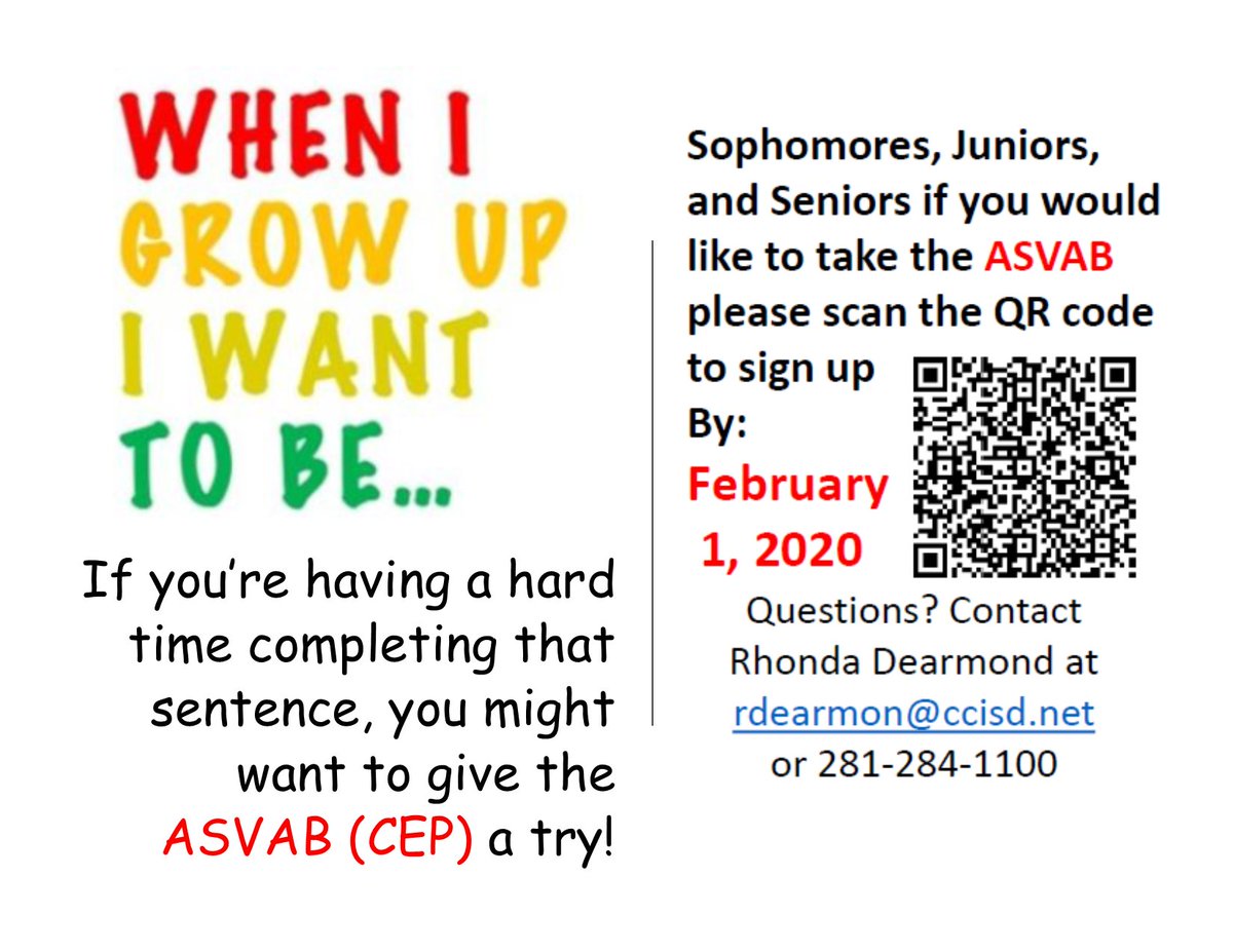CFHS_Library's tweet photo. #Didyouknow #CFHS will be offering the #ASVAB? Questions? Contact Rhonda Dearmond at rdearmon@ccisd.net
#uKnighted #knightsdream #knightswork #whatdoiwanttobewhenigrowup #whatdoiwanttodowithmylife #future #work #grind https://t.co/Nc3yeA13Jl