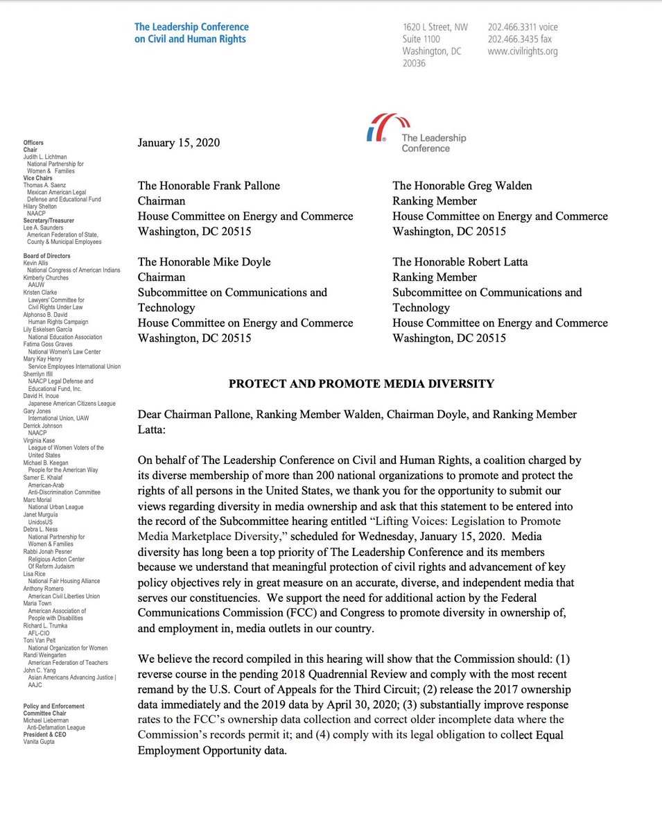 Screenshot of page 1 of our letter to the House Energy and Commerce Committee on media diversity. The full text of the letter is available in the original tweet.