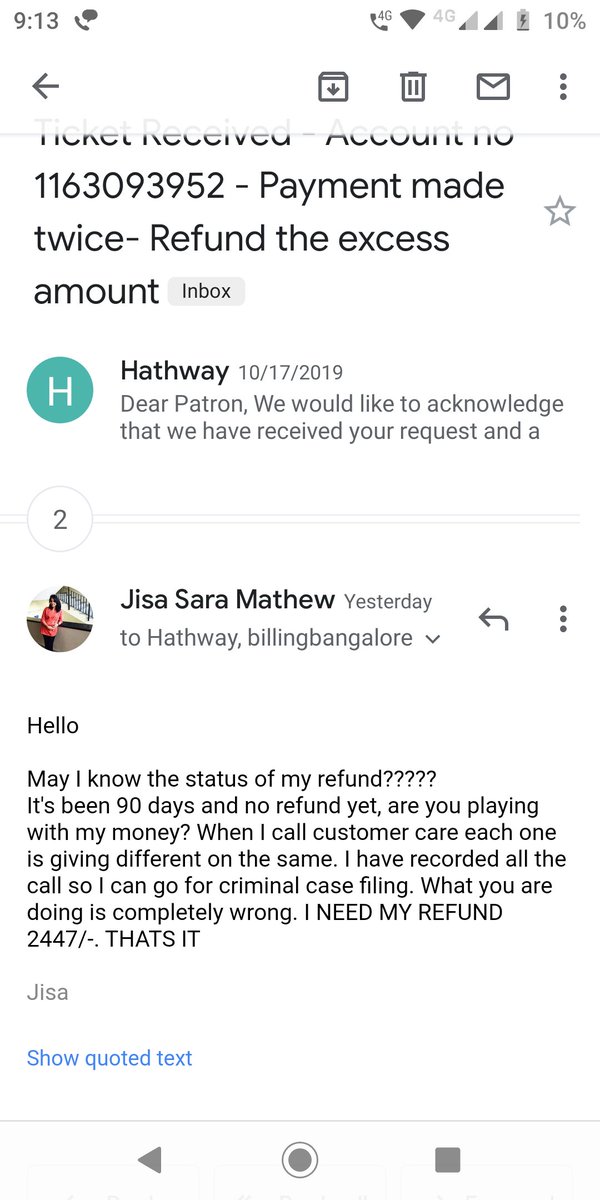 jisa_mathew's tweet photo. @HathwayBrdband #banhathaway they have been cheating me by not refunding the amount which was debited twice from me .there has been no response from them regarding the refund for past 3months https://t.co/95XqScIfEG